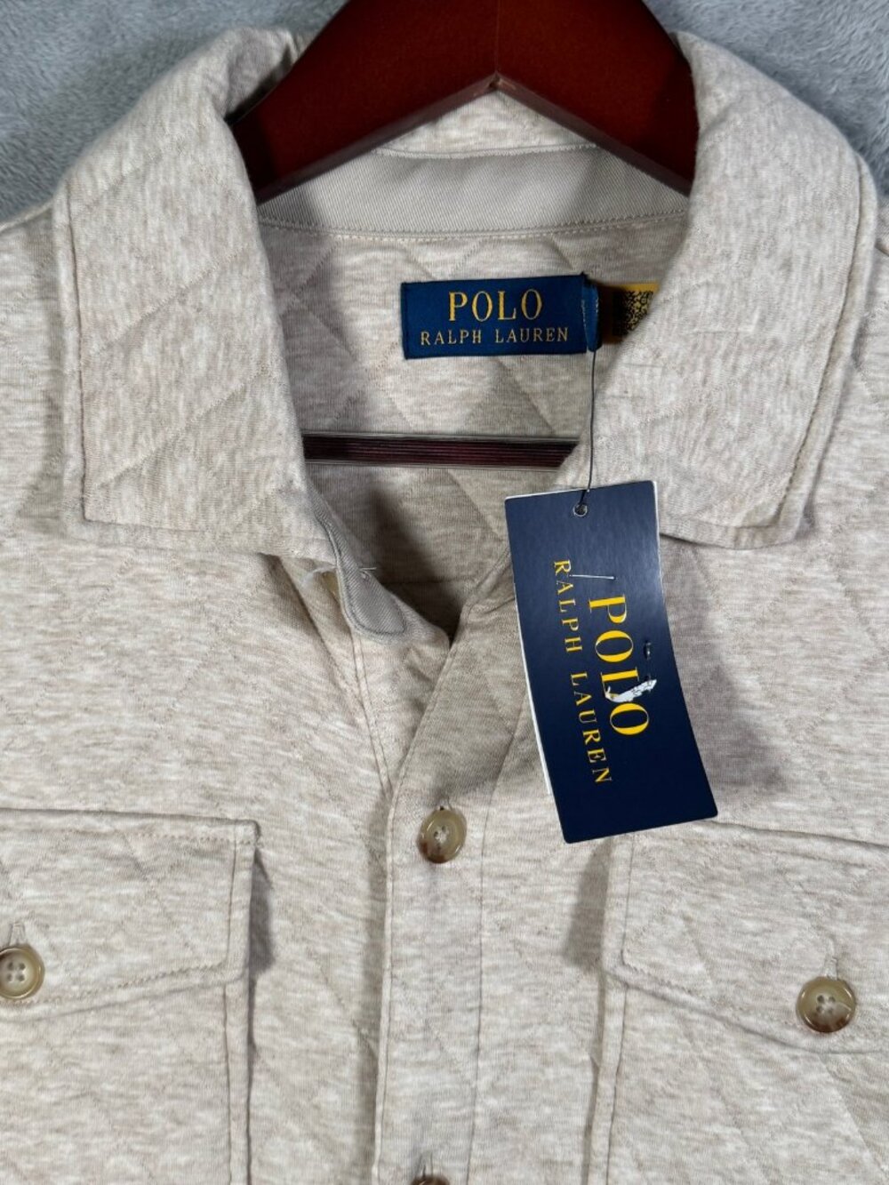 Polo Ralph Lauren Overshirt Jacket Men M Tan Quilted Double Knit Jersey Shacket